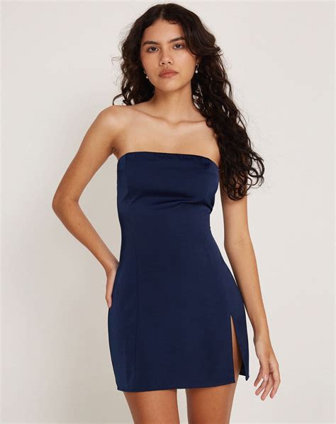 strapless navy blue mini dress.